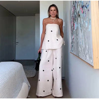 Casual Women Printing Dot Strapless Top Pants Suit Fashion Sleeveless Wide Legs Pant Slim Sets 2025 New Spring Outfit Streetwear