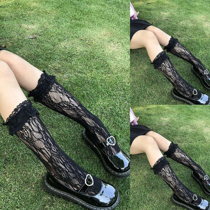 Women Lolita Fishnet Thigh High Socks Japanese Style Heart Striped Lace Patterned Over Knee Long Stockings Ruffled Frilly Kawaii