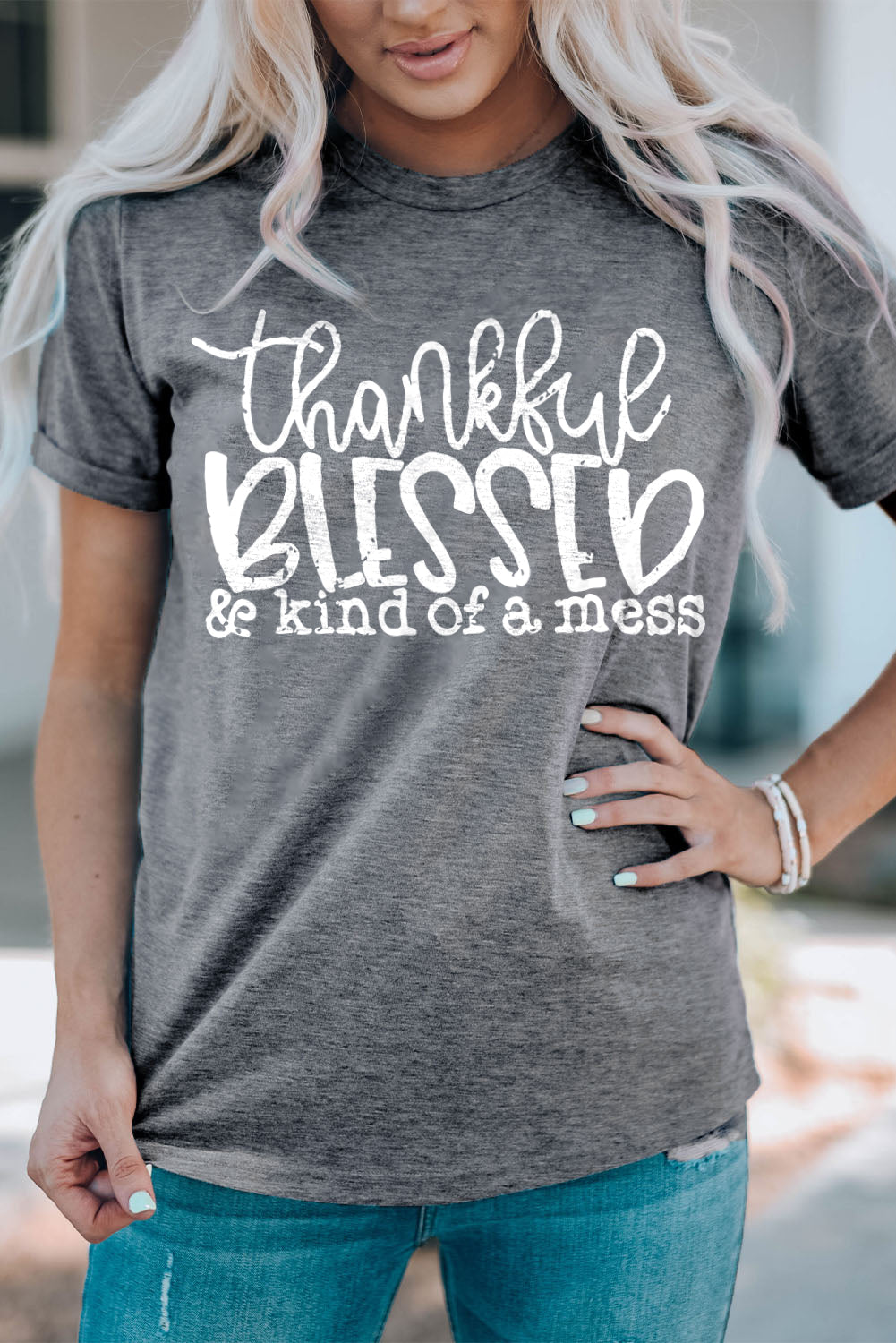 Gray Thankful Blessed & Kind of a Mess Graphic Tee