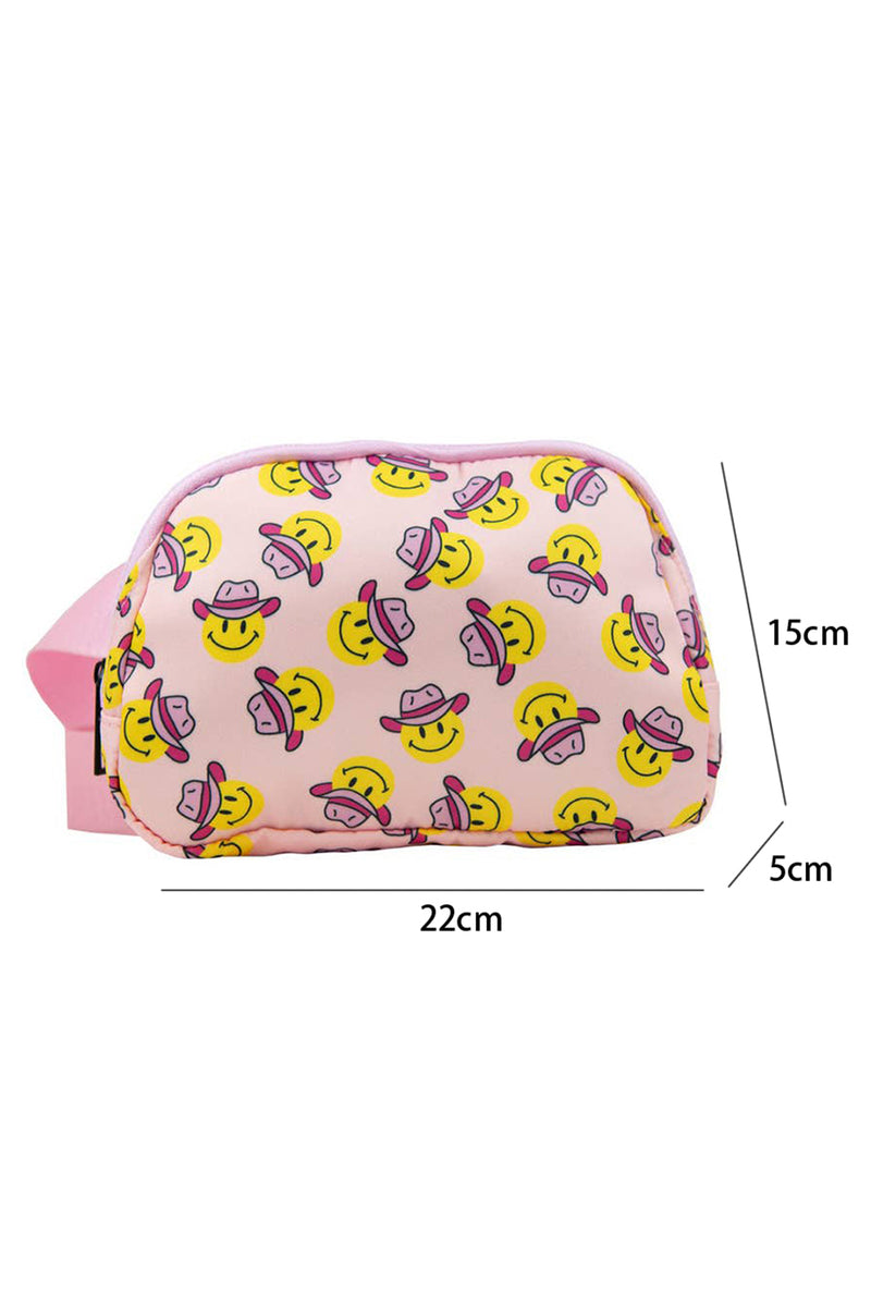 Pink Cowboy Hat Smile Face Printed Buckle Strap Crossbody Bag