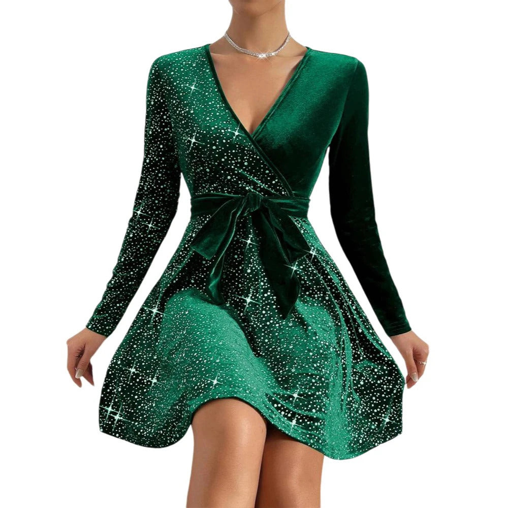 Women's Sexy V-Neck Sequin Glitter Belt Mini Dress Party Dresses Fashion Hot Sale Solid Elegant  Velvet Long Sleeve Dresses