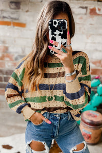 Tan Striped Hollowed Knitted Loose Sweater