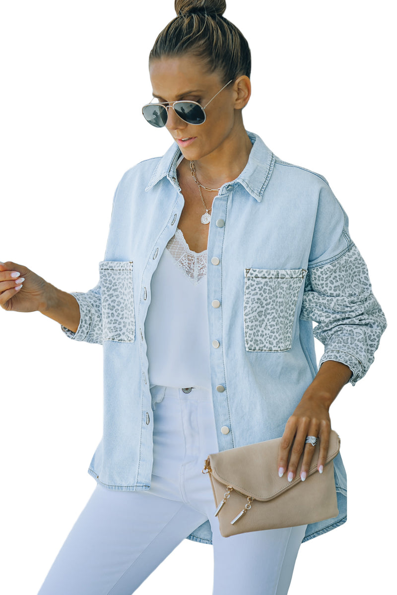 White Contrast Leopard Denim Jacket