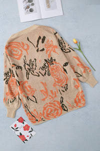 Apricot Abstract Floral Knit Button Down Long Cardigan