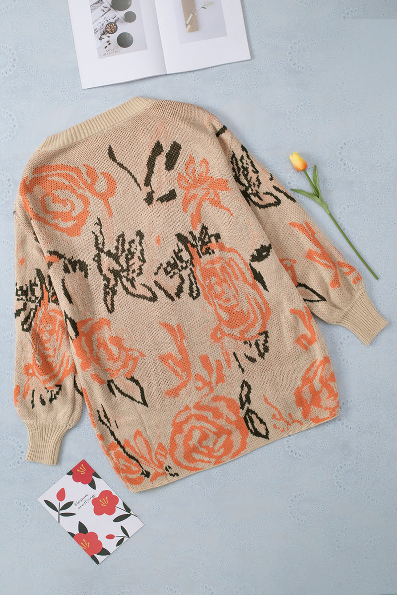 Apricot Abstract Floral Knit Button Down Long Cardigan