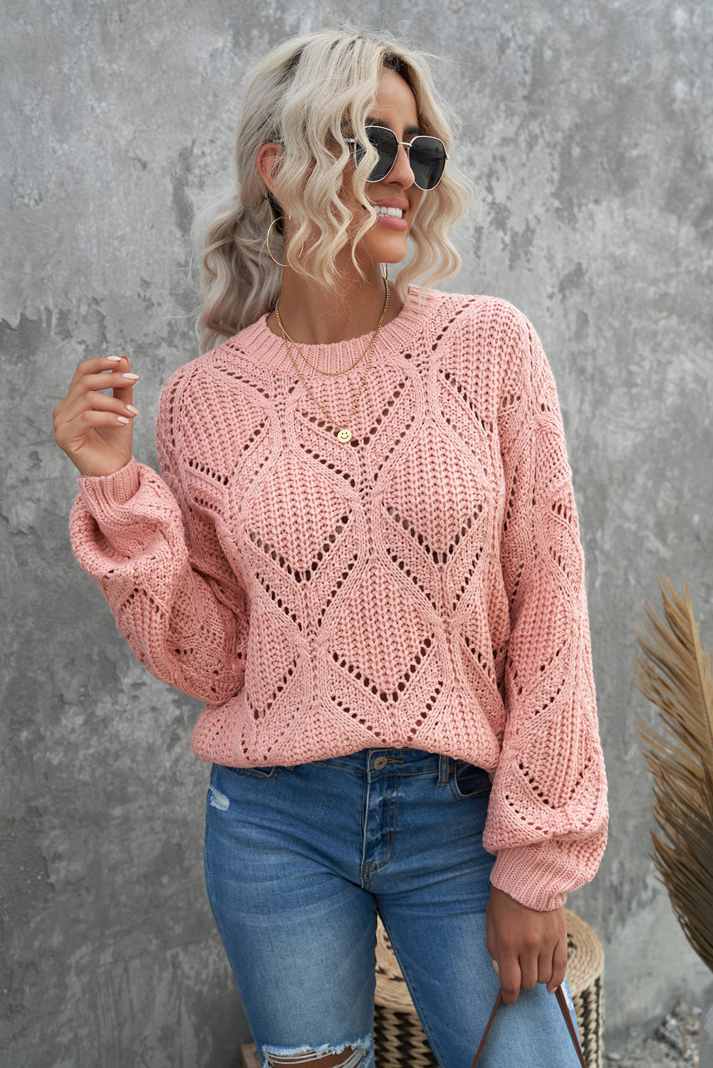 Pink Crewneck Balloon Sleeve Textured Knit Sweater