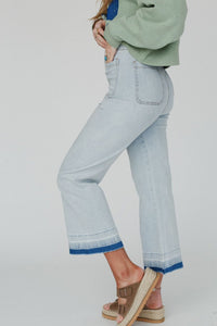 Beau Blue Acid Wash Contrast Edge Pocketed Cropped Jeans