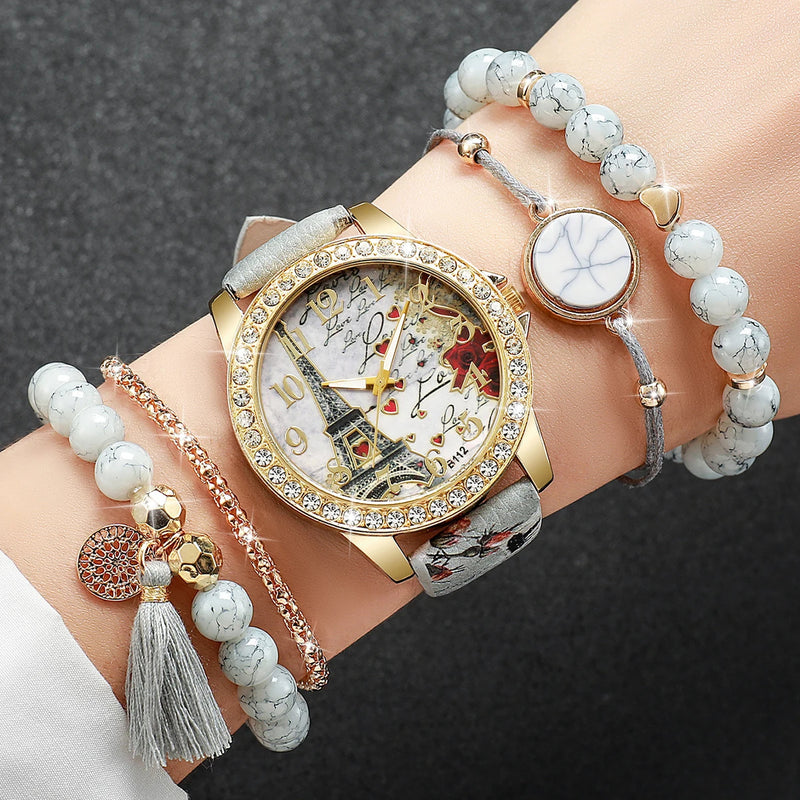 5PCS/Set Fashion Rhinestone Women's Watch Flowers Printed Leather Band Female Quartz Watches Bracelets Set（Without Box）