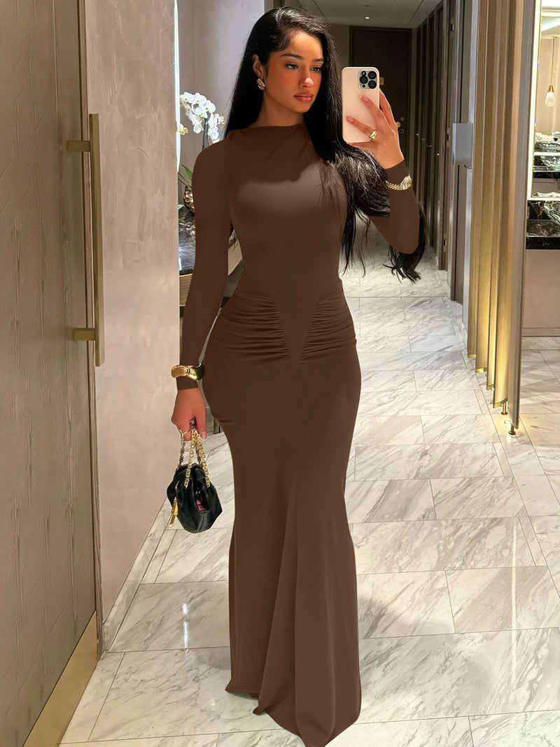 Hugcitar 2024 Autumn Solid Long Sleeve Draped Sexy Bodycon Maxi Prom Dress Women Fashion Y2K Outfits Evening Party Festival