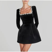 Slim Rhinestone Square Collar Dress Women Elegant Velvet Long Sleeve High Waist A-line Mini Dresses 2025 New Lady Party Vestidos