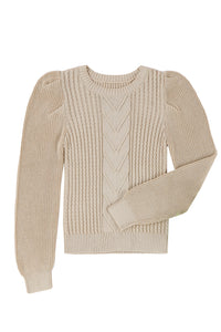 Apricot Cable Ribbed Knit Mix Pattern Puff Sleeve Sweater