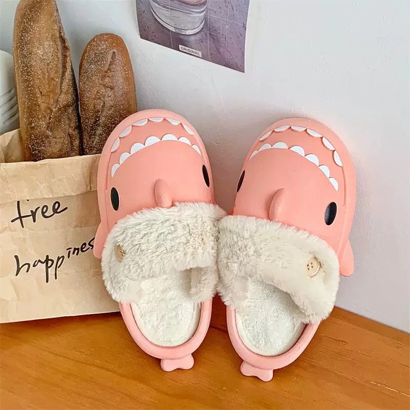 Shark Cotton Slippers Woman Waterproof Winter Indoor Non-slip Slides  Shark Flip Flops Plush Warm Couple Home Sandals Flat Shoe