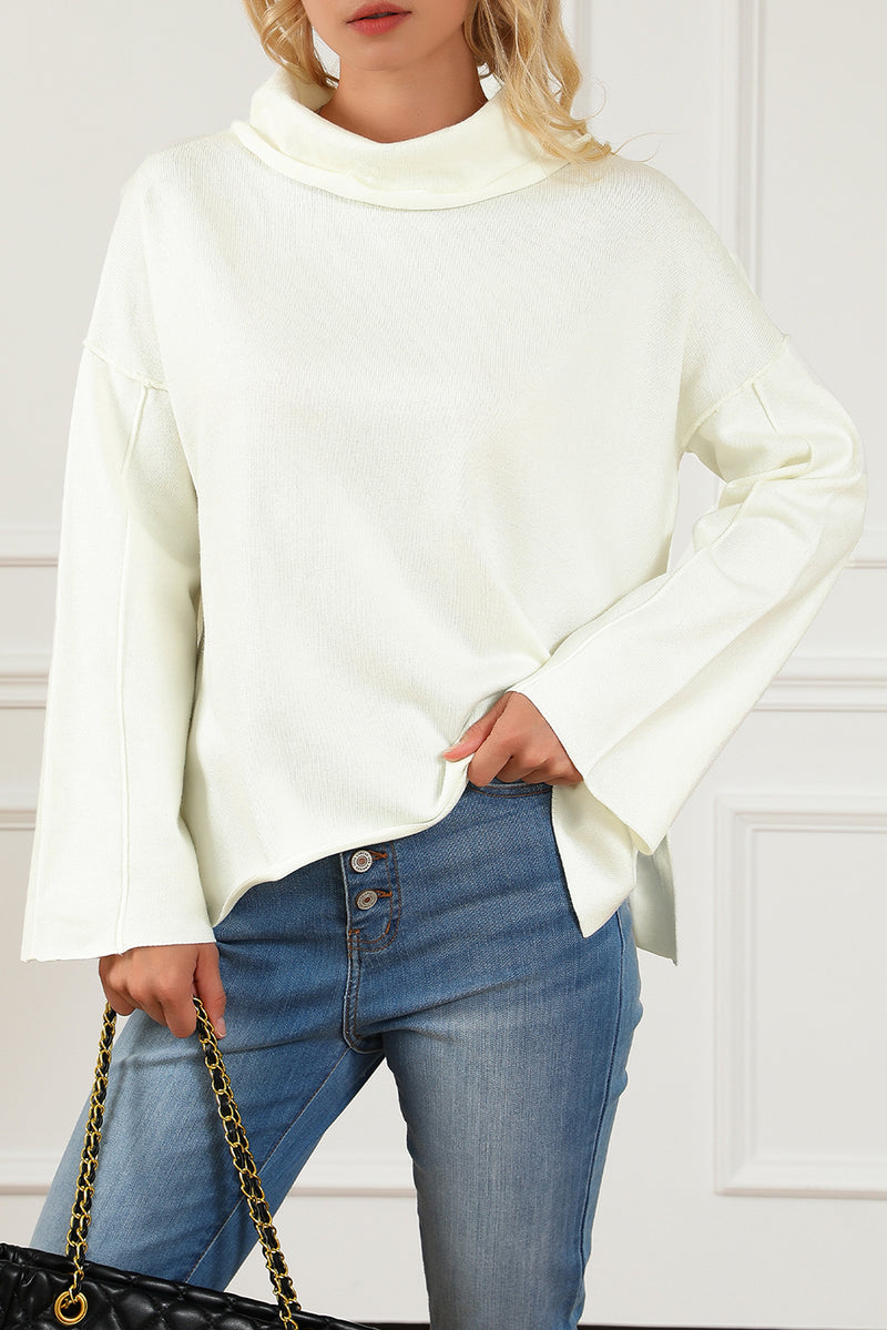 White Expose Seam Turtle Neck Side Slit Oversized Sweater