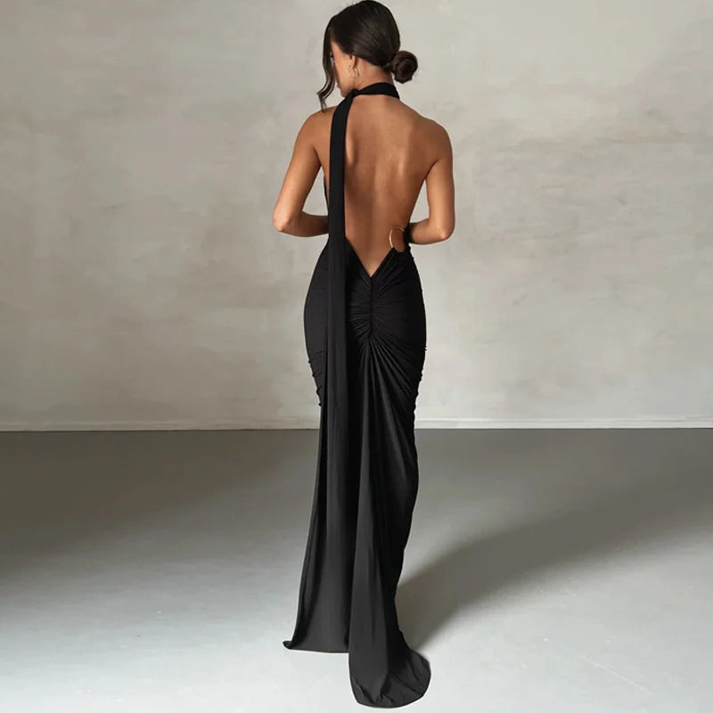 Mozision Oblique Shoulder Backless Maxi Dress For Women Gown Summer Back Strap Sleeveless Ruched Party Sexy Long Dress Vestidos