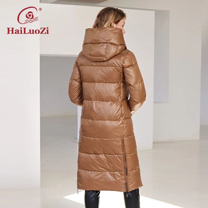 HaiLuoZi 2024 New Women's Winter Jacket Long Warm Windproof Hooded Zipper Quilted Casual Slim Cotton Lady Parkas Women Coat 6055