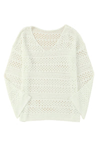 White Hollow Out Crochet V Neck Pullover Sweater