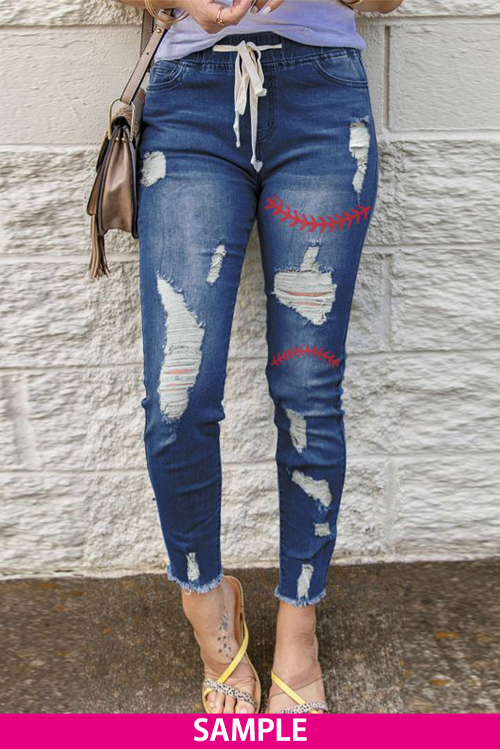 Blank Apparel - Blue Drawstring Elastic Waist Hole Ripped Jeans