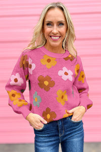 Pink Sweet Flower Knitted Ribbed Hem Sweater