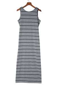 Women's Stripe Print Open Back Sleeveless Tank Maxi Dress with Slits