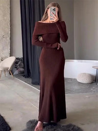 Tossy Fashion Knit Long Dress Off-Shoulder Female Ribbed Loose High Waist Elegant Autumn Party Dress Ladies Knitwear Maxi Dress