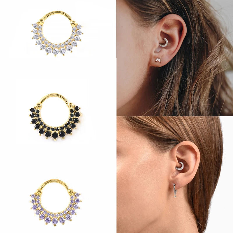 925 Sterling Silver 1pc Crystals Earrings Hoops For Women Round Nose Ring Puncture Cartilage Ear Nail circle Earring Jewelry