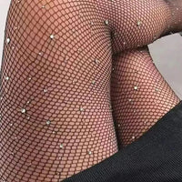 1 Pair Rhinestone Fishnet Stockings For Women Black Sexy Ultra Sparkly High Waist Tights Female Party Leggings DS1155