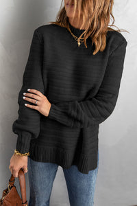 Black Solid Color Stand Collar Textured Sweater