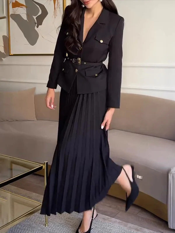 Elegant Women's Two Pieces Set Single-breasted Lapel Large Size Coat Belt Pleated Midi Skirt Suit 2025 Lady New In Matching Sets