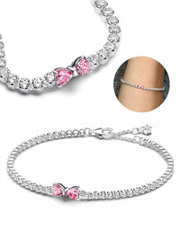 2024 New 925 Silver Pink Bow Full Diamond Bracelet Original 17-20CM Fit DIY Charm Women Birthday Jewelry Valentine's Day Gifts