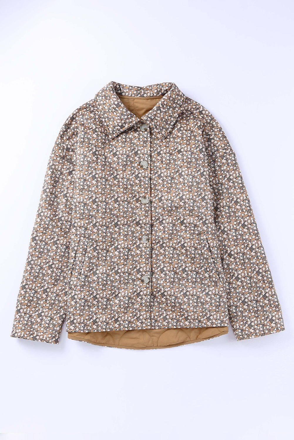 Khaki Floral Print Buttoned Long Sleeve Jacket