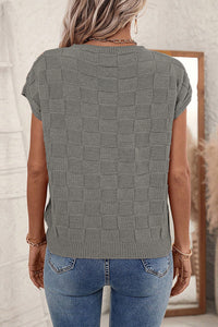 Gray Lattice Textured Knit Short Sleeve Sweater