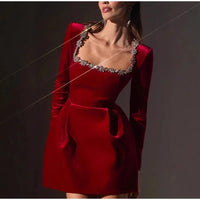 Slim Rhinestone Square Collar Dress Women Elegant Velvet Long Sleeve High Waist A-line Mini Dresses 2025 New Lady Party Vestidos