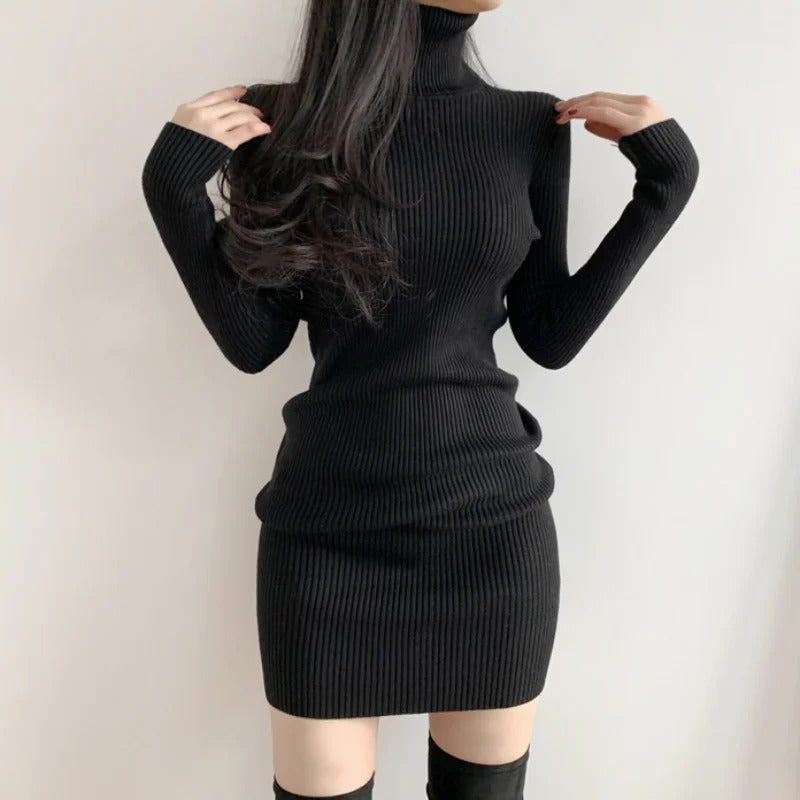 Women Autumn Winter Turtleneck Warm Bodycon Dress Long Sleeve Knit Solid Office Pullover Sexy Mini Dress for Ladies 2023