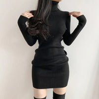 Women Autumn Winter Turtleneck Warm Bodycon Dress Long Sleeve Knit Solid Office Pullover Sexy Mini Dress for Ladies 2023