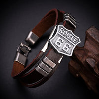 New Trendy American Route 66 Printed Pattern Bracelet Men's Bracelet Metal Multilayer Leather Bracelet Accessories Party Jewelry