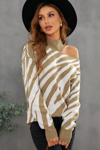 Khaki Zebra Print Mock Neck Cold Shoulder Sweater