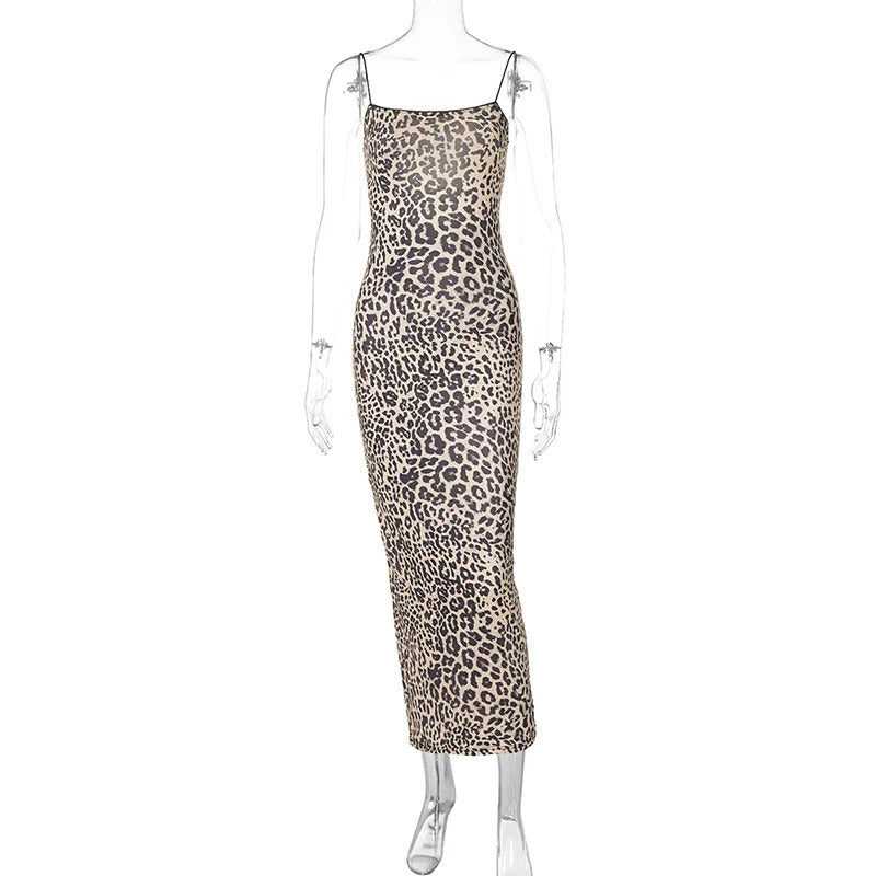 Hugcitar 2024 Fashion Leopard Print Slips Backless Sexy Bodycon Maxi Dress Summer Women Casual Clothes Beach Party Vacation Club