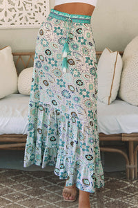 Sky Blue Boho Floral Print Maxi Skirt