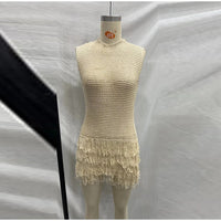 Elegant Knit Tassels Hollow Out Mini Dress Women Slim O-neck Sleeveless Female Beach Dresses 2024 Summer Lady Fashion Vestidos