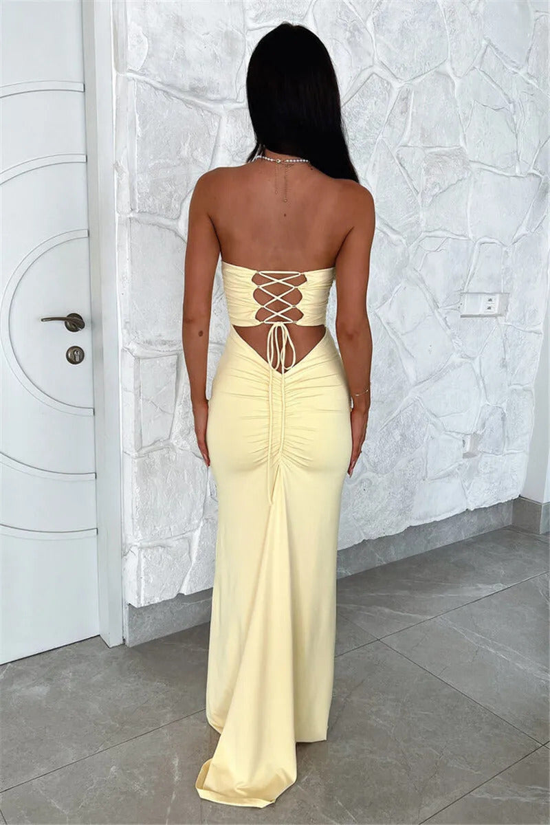 Mozision Strapless Backless Lace-up Maxi Dress For Women Summer New Off-shoulder Sleeveless Bodycon Club Party Long Dress