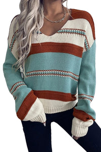 Coffee Striped Pattern Knit V Neck Sweater