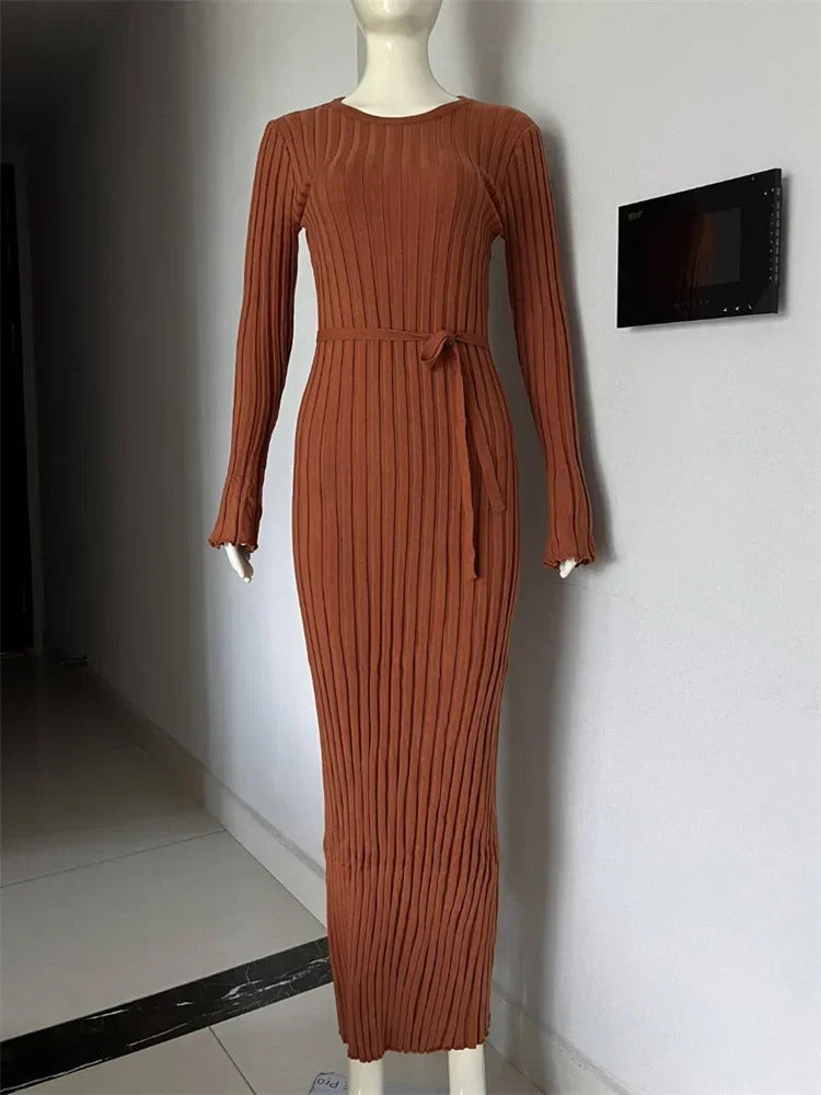 Tossy Lace-Up Female Knit Maxi Dress Autumn High Waist Fashion Patchwork Long Sleeve Loose Solid Dress Bandage Knitwear Dress