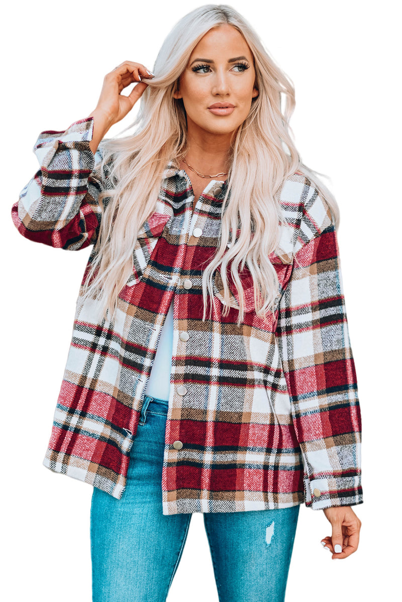 Blue Geometric Plaid Print Pocketed Shacket