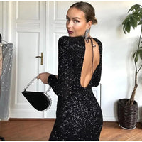 Chic Black Shiny Sequins Maxi Dress 2024 New Women O Neck Long Sleeve Party Gowns Female Autumn Elegant Evening Event Veatisos