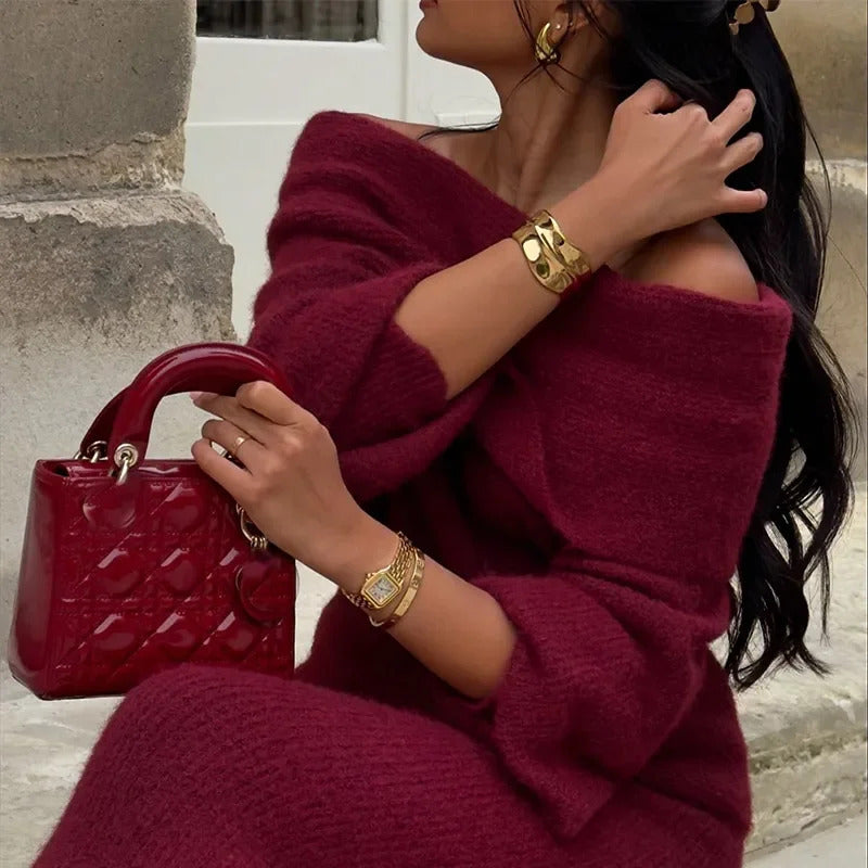 Women Burgundy Knitted Long Sweater Fashion Off-the-shoulder Pullover Long Dress Fall Winter Female Party Commuter Outfit