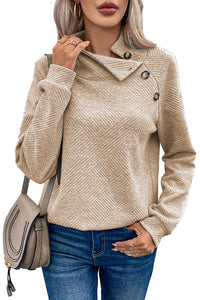 Apricot  Asymmetric Buttons Detail High Neck Textured Sweatshirt