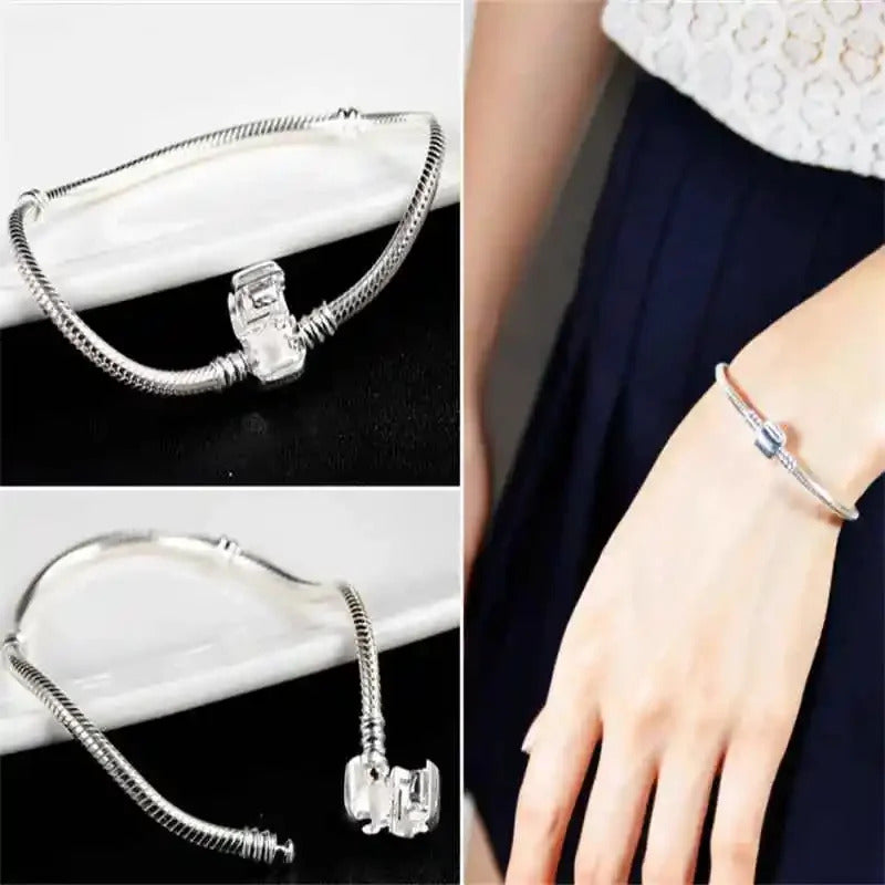 Famous Brand Original Certified 925 Sterling Silver Bracelet for Women DIY Charms Beads Snake Link Chain Classic Wrist Jewelry