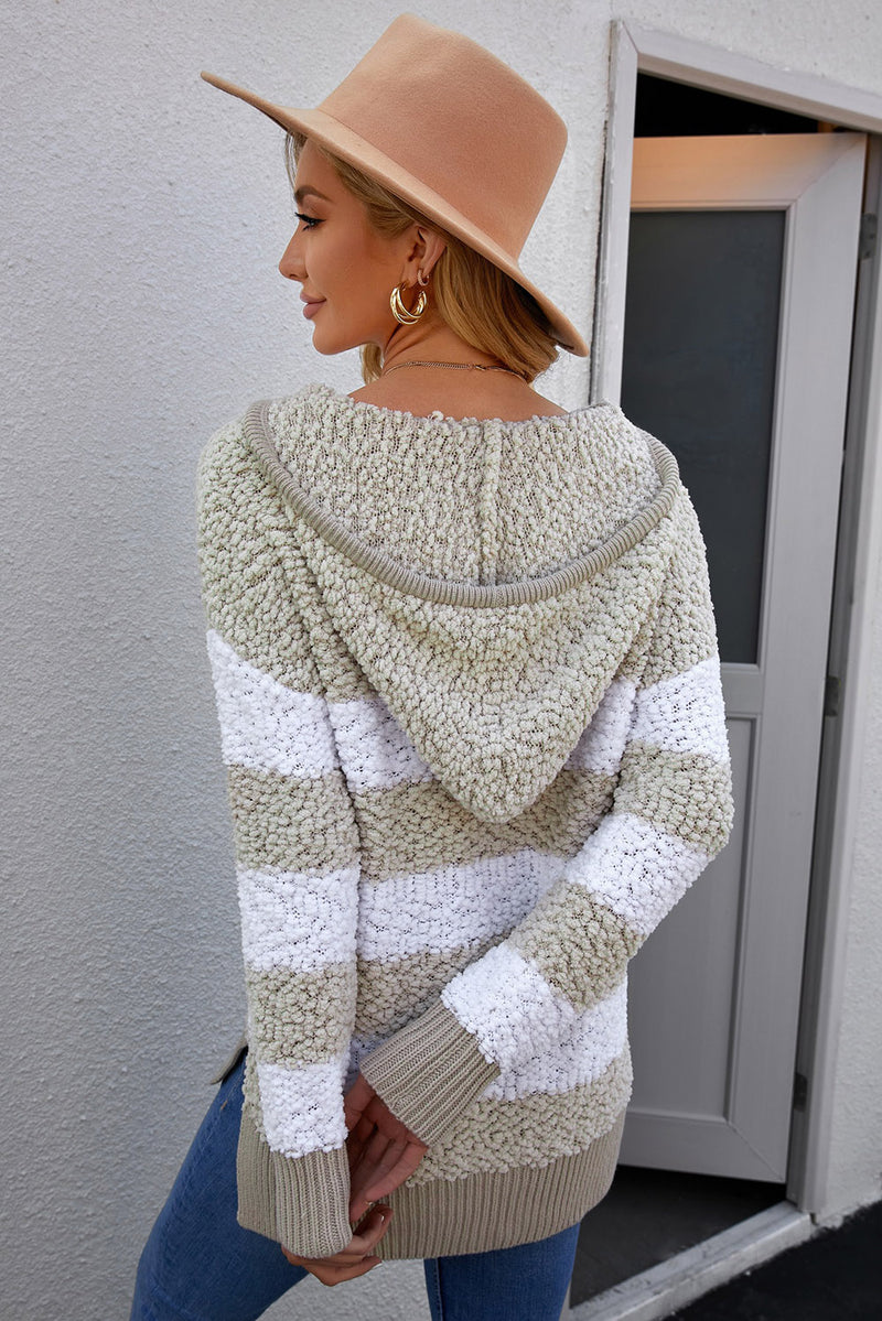 Apricot Color Block Side Slit Knitted Hooded Sweater