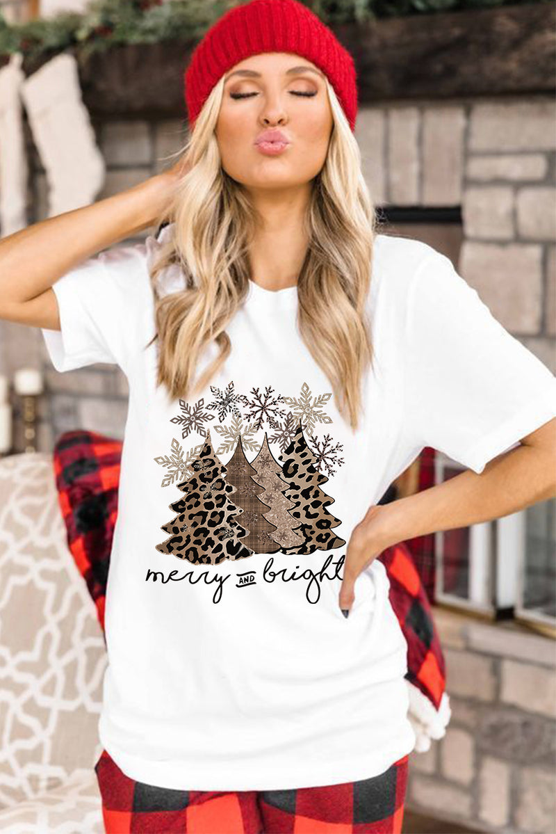 Black Leopard Christmas Tree Graphic Crew Neck T Shirt