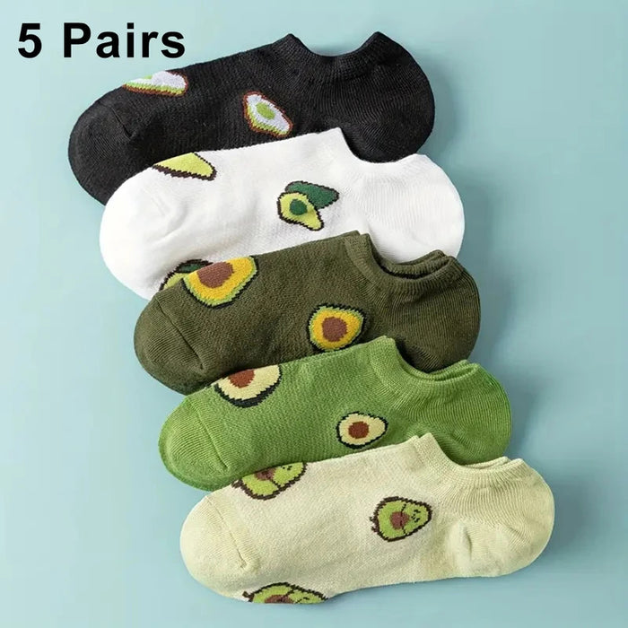 5 Pairs Avocado Crew Ankle Socks Cartoon Fresh Fashion Breathable Summer And Autumn Kawaii Comforts Women's Low Cut Boat Socks